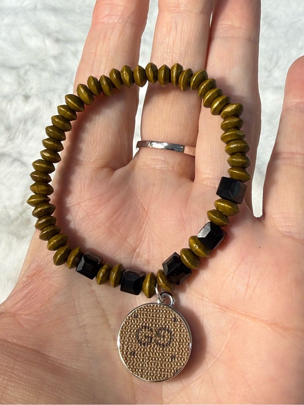 Gucci upcycled wood Beaded Logo Charm Bracelet